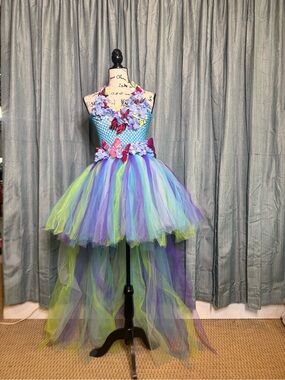 Girls Floral Butterfly Tulle Fairy Costume Dress in Blue, Purple & Green